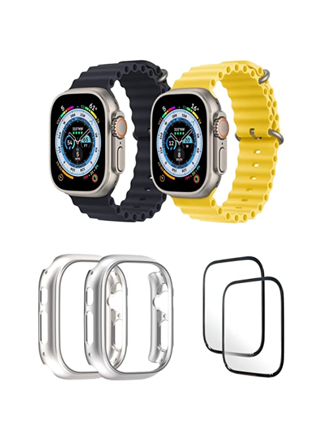 IAF Silicone Ocean Band Strap for Apple Watch Ultra 8 49mm Black/Yellow , Case Compatible with Apple Watch Ultra 49mm Transparent/Silver , 2* pcs Watch glass Set of 6
