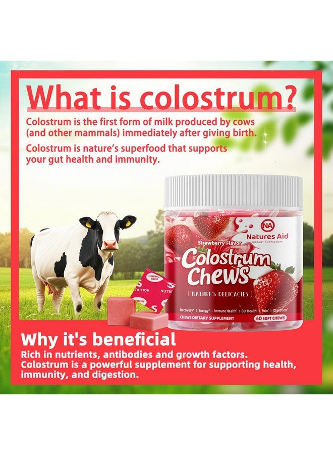 Natures Aid Colostrum Chews Supplement with probiotics for Gut Health, Bloating, Immune Support, Skin, Hair Growth and Beauty - Strawberry Flavor (60 Servings) - Image 2