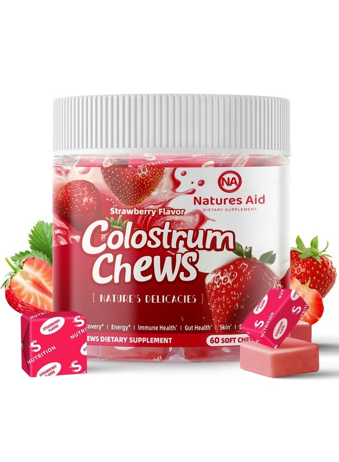 Natures Aid Colostrum Chews Supplement with probiotics for Gut Health, Bloating, Immune Support, Skin, Hair Growth and Beauty - Strawberry Flavor (60 Servings) - Image 1