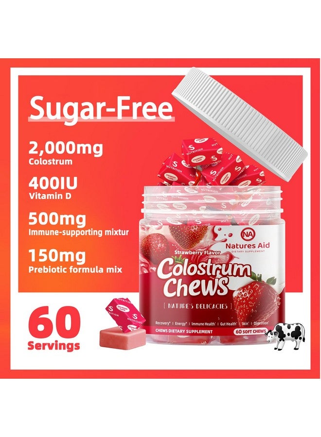 Natures Aid Colostrum Chews Supplement with probiotics for Gut Health, Bloating, Immune Support, Skin, Hair Growth and Beauty - Strawberry Flavor (60 Servings) - Image 4