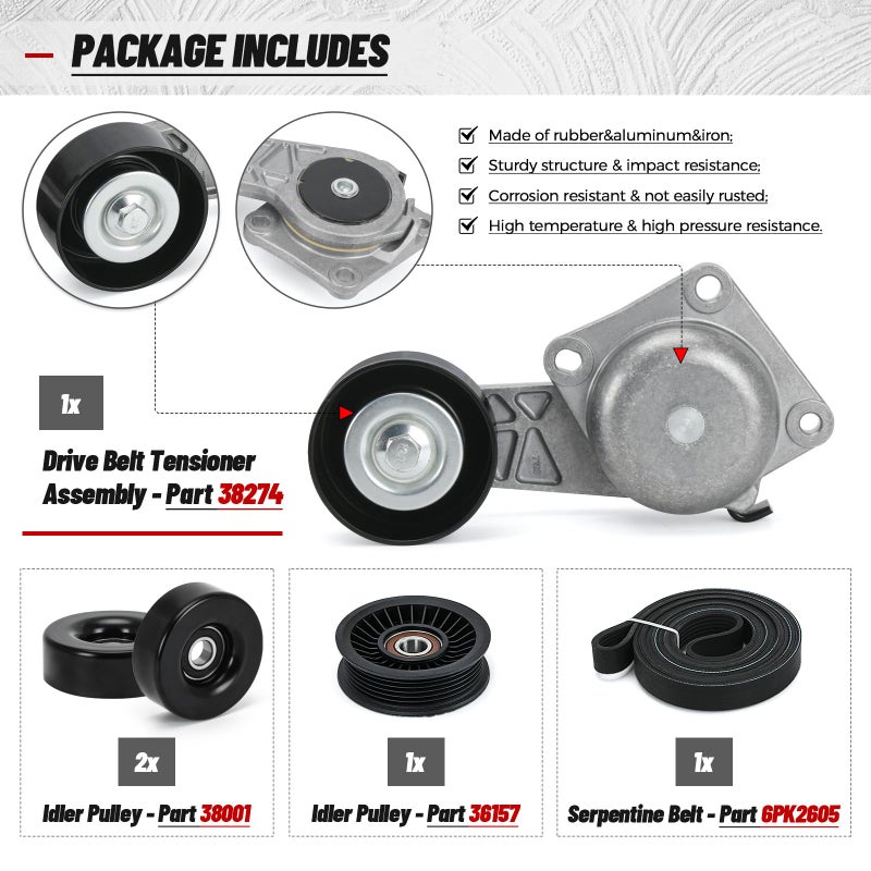 FQRANBO 38274 Serpentine Belt Drive Kit Tensioner & Idler Pulley Fits for Ford Expedition F150 F250 F350 Lincoln Navigator Mercury Mountaineer Replaces 90K-38274A 6PK2605 ACK061025 - Image 3