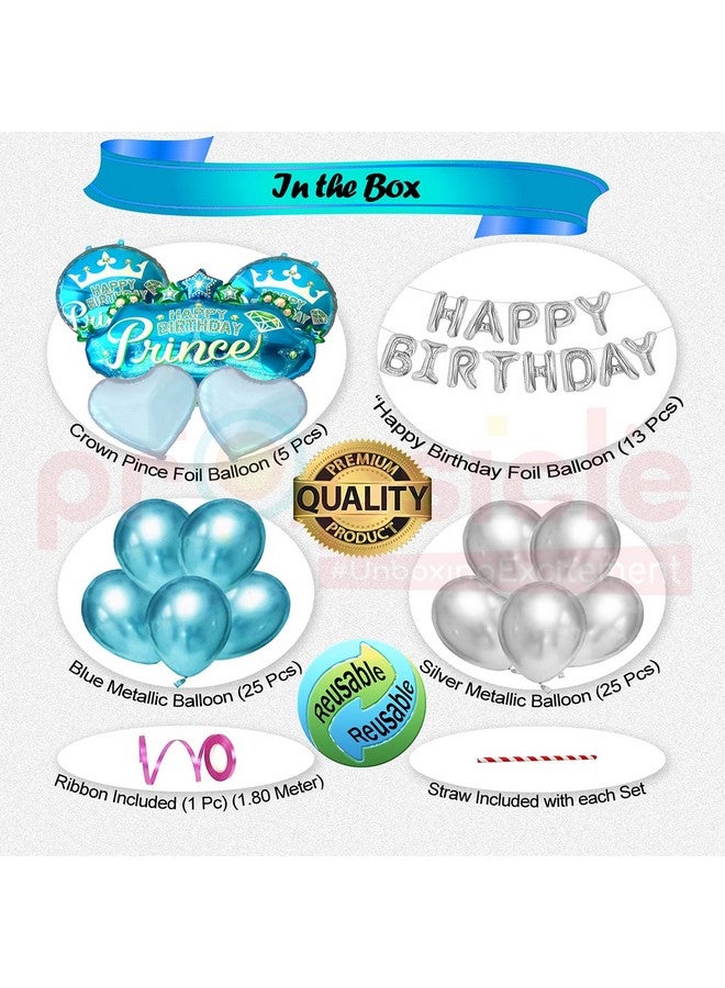 Propsicle Happy Birthday Blue Prince Theme Foil Crown Balloon Bouquet With Silver Happy Birthday Letter Balloon & Blue | Silver Metallic Balloon - Pack of 52 - Image 2