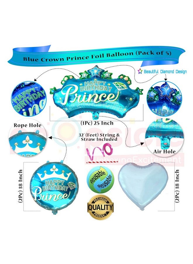 Propsicle Happy Birthday Blue Prince Theme Foil Crown Balloon Bouquet With Silver Happy Birthday Letter Balloon & Blue | Silver Metallic Balloon - Pack of 52 - Image 3
