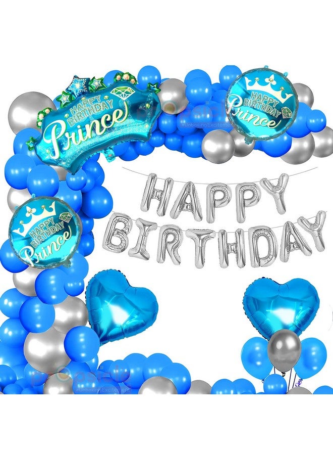 Propsicle Happy Birthday Blue Prince Theme Foil Crown Balloon Bouquet With Silver Happy Birthday Letter Balloon & Blue | Silver Metallic Balloon - Pack of 52 - Image 1