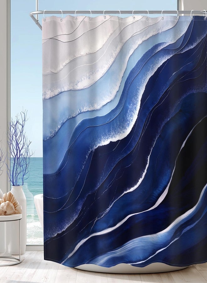 MESHELLY Blue Beach Ocean Shower Curtain 72" x 72" - Abstract Beachy Sea Wave Landscape, Chic Coastal Scenery, Summer Modern Simple Bathroom Decor, Oil Painting Navy Ombre Cool Style with 12 Hooks - Image 1