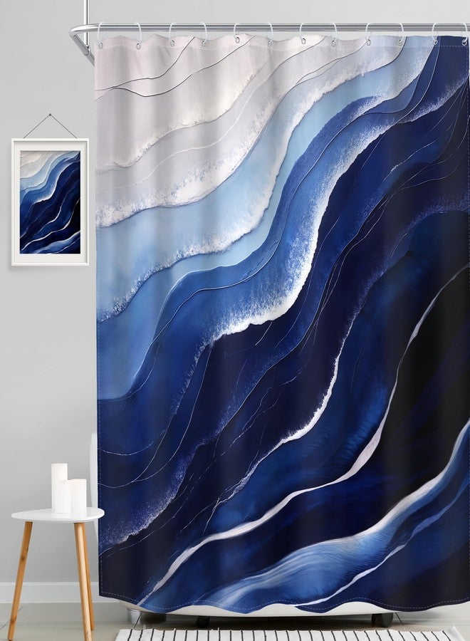 MESHELLY Blue Beach Ocean Shower Curtain 72" x 72" - Abstract Beachy Sea Wave Landscape, Chic Coastal Scenery, Summer Modern Simple Bathroom Decor, Oil Painting Navy Ombre Cool Style with 12 Hooks - Image 2