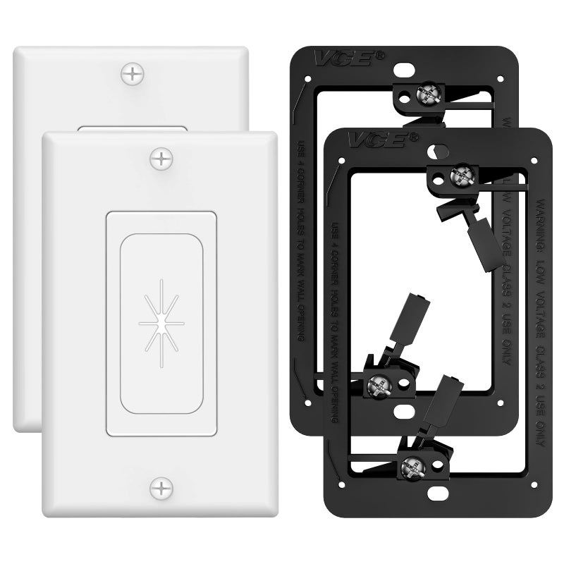 VCELINK Wall Plate Cable Pass Through with Mounting Bracket Single Gang Flexible Rubber Opening Cable Outlet Cover for Low Voltage Cables Wall Mount TV Home Theater System 2Pack White