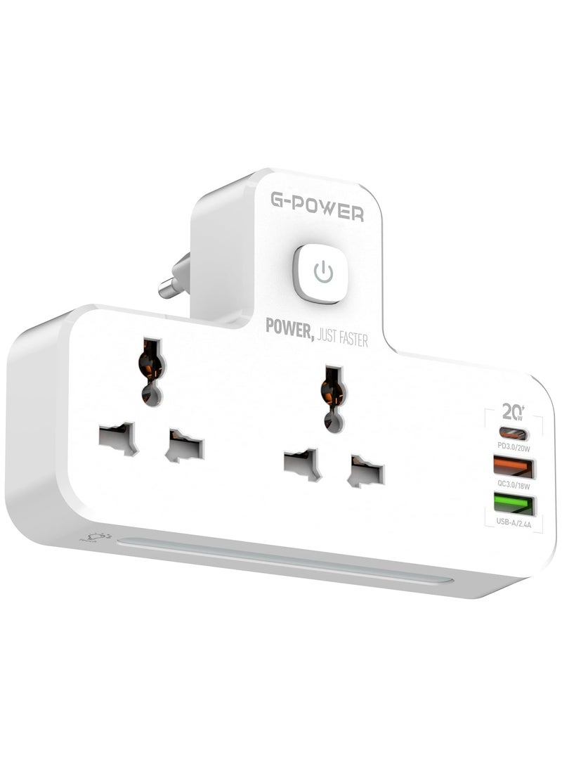 G-Power SC2311 Power Extension Socket Double Plug Adaptor with Touch Control Nightlight With 1 PD 20W,1 QC3.0 18W And Auto ID Port 12W - White - Image 1