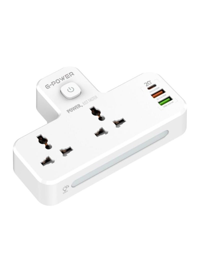 G-Power SC2311 Power Extension Socket Double Plug Adaptor with Touch Control Nightlight With 1 PD 20W,1 QC3.0 18W And Auto ID Port 12W - White - Image 2