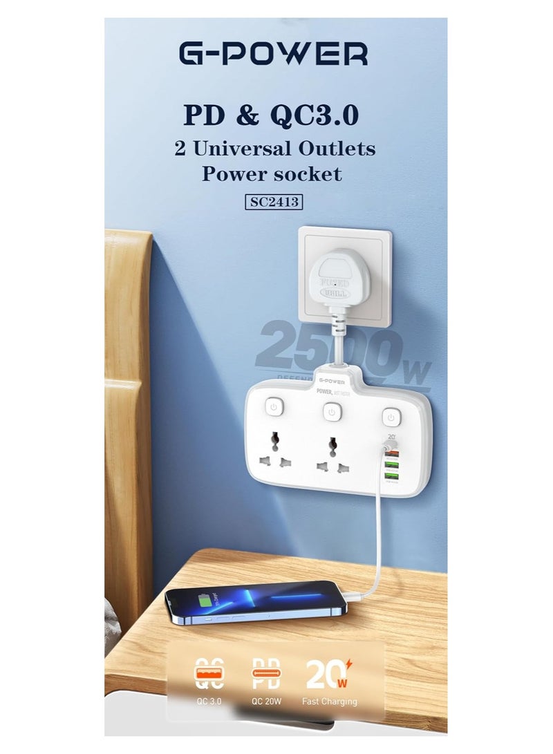 G-Power SC2311 Power Extension Socket Double Plug Adaptor with Touch Control Nightlight With 1 PD 20W,1 QC3.0 18W And Auto ID Port 12W - White - Image 5