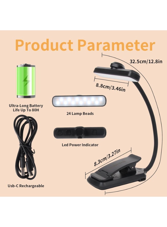 Walpck 24 Led Rechargeable Book Light for Reading in Bed-Eye Caring 3 Color Temperatures,Memory Function,80 Hrs Runtime Lightweight Clip-On Lamp, Perfect for Kids, Book Lovers, and Student Gifts(Black, Rotating) - Image 3