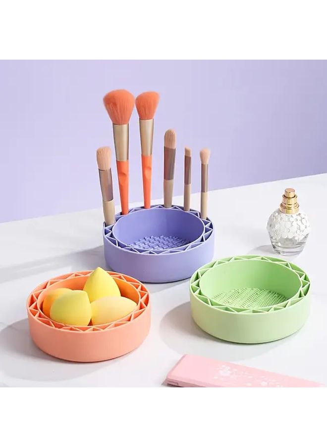 Green Makeup Brush And Sponge Cleaning Bowl Kit With Storage Pad 1pc - Image 3