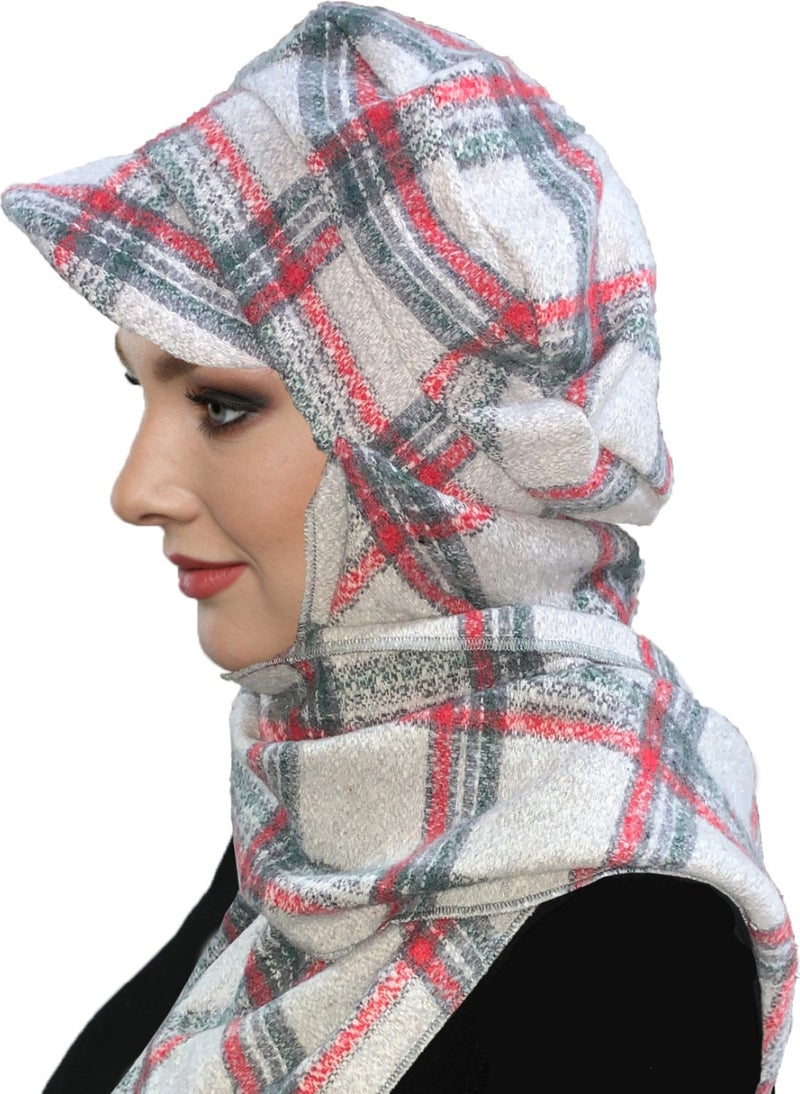 Fidan Bone Wool Cap Hat with Scarf Plaid Gray Claret Red Smoked Ready-made Turban Bone Beret  - Image 5