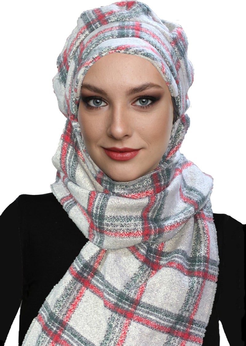 Fidan Bone Wool Cap Hat with Scarf Plaid Gray Claret Red Smoked Ready-made Turban Bone Beret  - Image 3