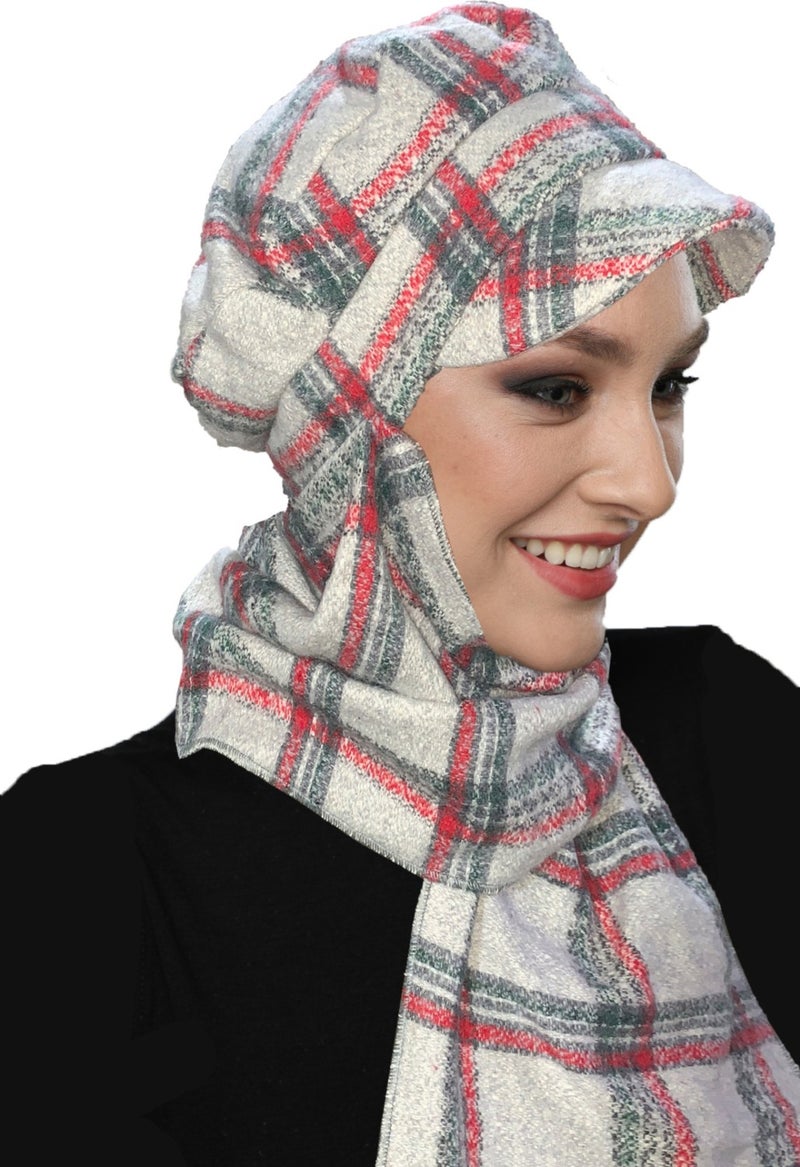 Fidan Bone Wool Cap Hat with Scarf Plaid Gray Claret Red Smoked Ready-made Turban Bone Beret  - Image 1
