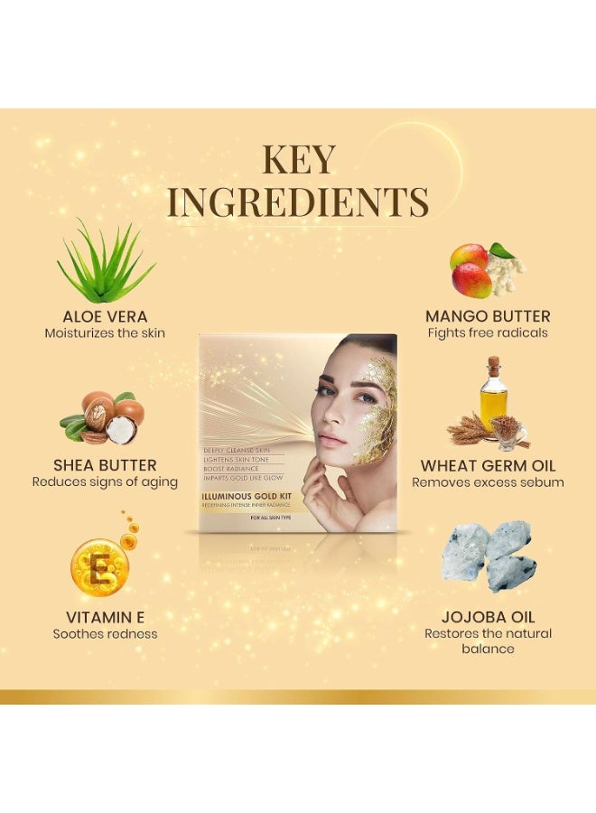 أوزون مجموعة إيلومينوس جولد للوجه | لجميع أنواع البشرة | مع 6 خطوات سهلة للوجه عضوي عضوي لتوهج ذهبي طبيعي وبشرة مشرقة ومضيئة | للرجال والنساء | 60 جم (للاستخدام مرة واحدة) - Image 2