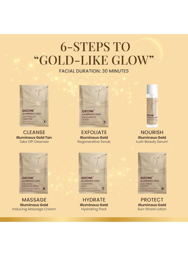 أوزون مجموعة إيلومينوس جولد للوجه | لجميع أنواع البشرة | مع 6 خطوات سهلة للوجه عضوي عضوي لتوهج ذهبي طبيعي وبشرة مشرقة ومضيئة | للرجال والنساء | 60 جم (للاستخدام مرة واحدة) - Image 5