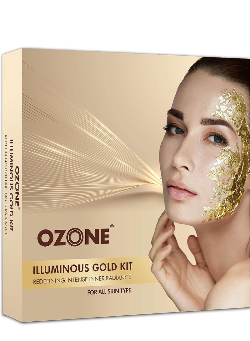 أوزون مجموعة إيلومينوس جولد للوجه | لجميع أنواع البشرة | مع 6 خطوات سهلة للوجه عضوي عضوي لتوهج ذهبي طبيعي وبشرة مشرقة ومضيئة | للرجال والنساء | 60 جم (للاستخدام مرة واحدة) - Image 1