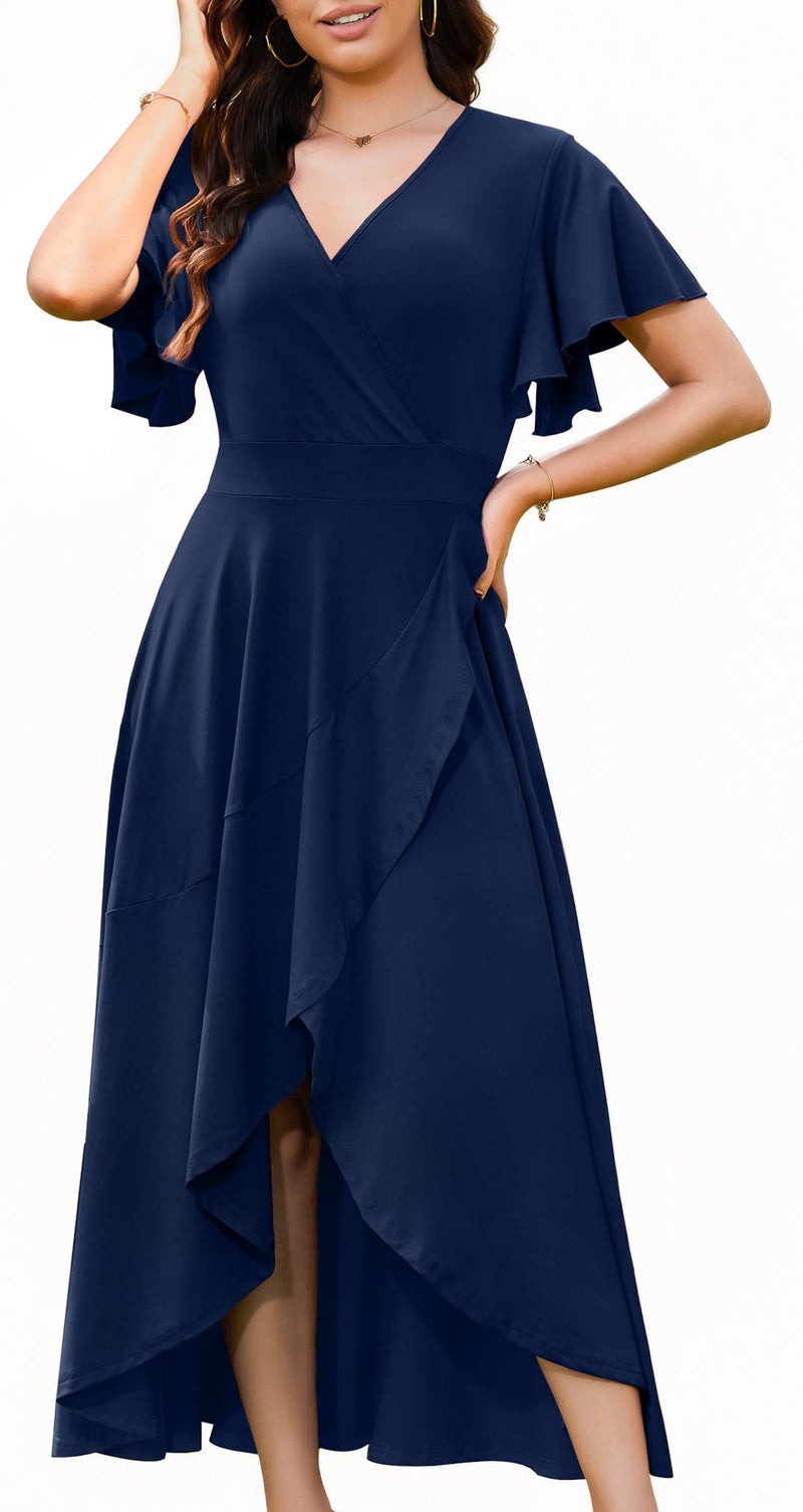 WEACZZY Formal Dresses for Women Gowns Evening Party Cocktail Dress Long Split Elegant V Neck Wrap Ruffle Wedding Guest Dresses,Navy Blue,XL - Image 1