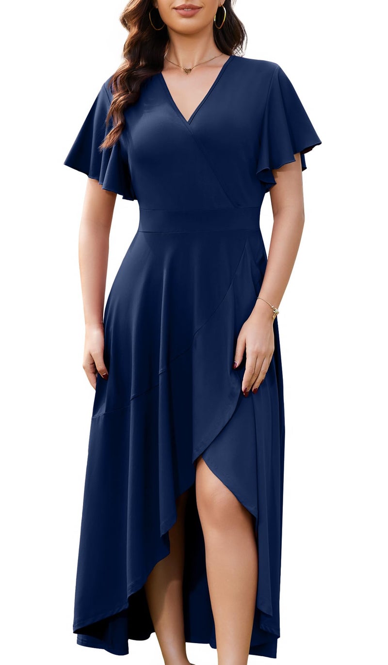 WEACZZY Formal Dresses for Women Gowns Evening Party Cocktail Dress Long Split Elegant V Neck Wrap Ruffle Wedding Guest Dresses,Navy Blue,XL - Image 2