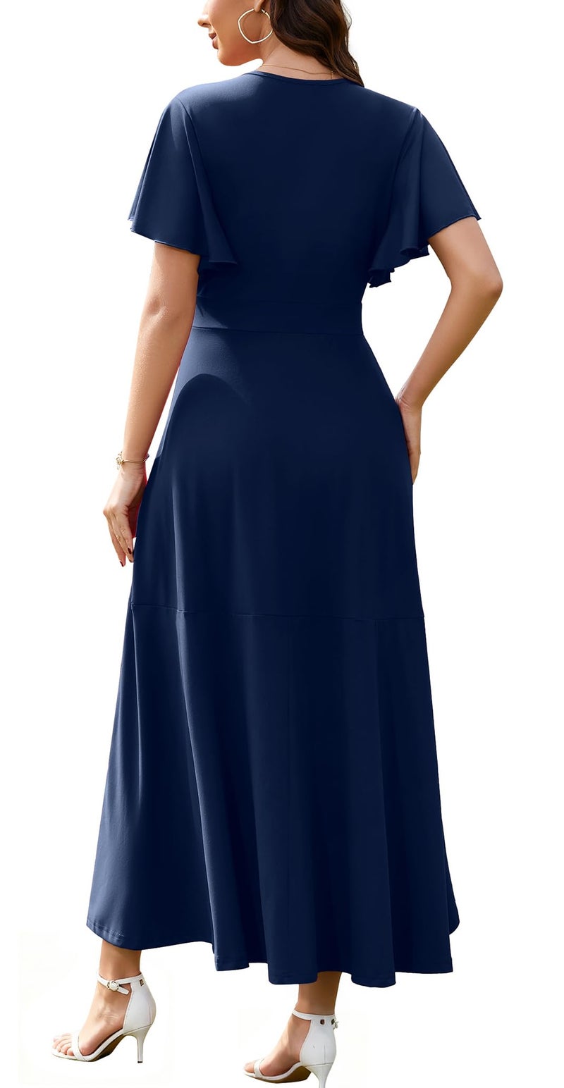 WEACZZY Formal Dresses for Women Gowns Evening Party Cocktail Dress Long Split Elegant V Neck Wrap Ruffle Wedding Guest Dresses,Navy Blue,XL - Image 4