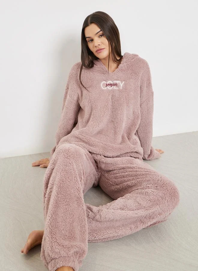 Styli Embroidered Slogan Fleece Hoodie and Joggers Set