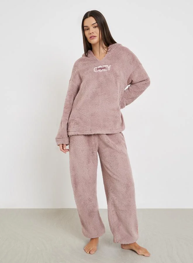 Styli Embroidered Slogan Fleece Hoodie and Joggers Set