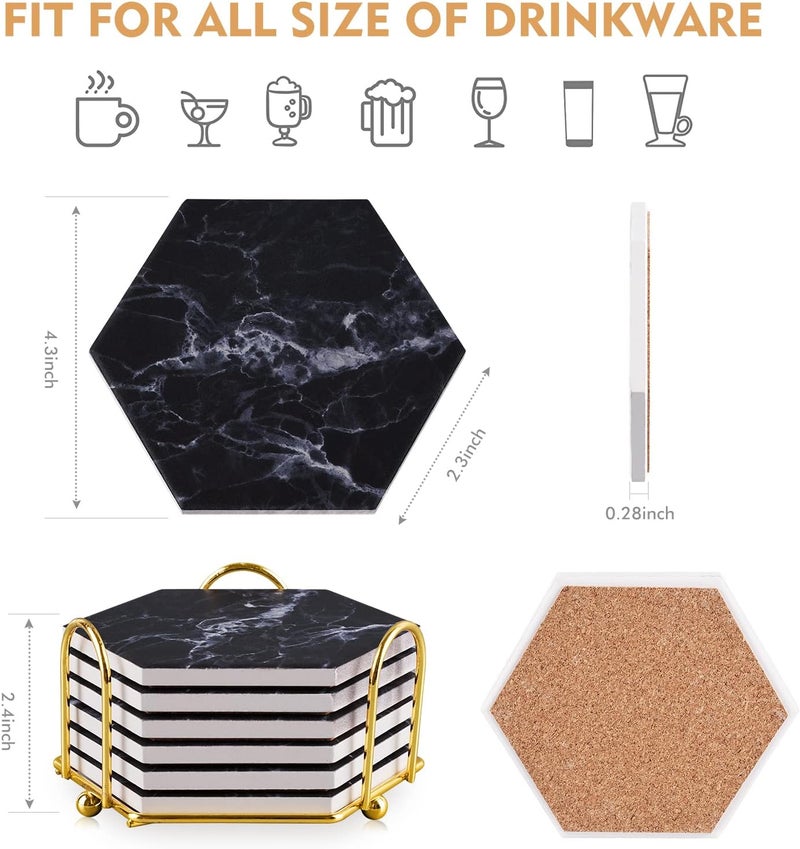 Geichan Black Coasters,Coaster for Drinks, Absorbent Marble Coasters with Metal holder for Various Cups, Tables and Home Decor - Image 3