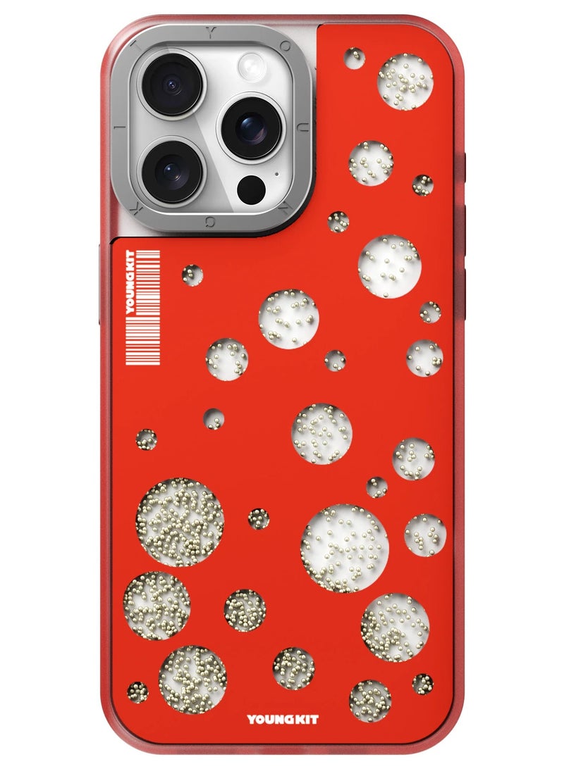 YOUNG KIT حافظة آيفون 15 برو ماكس 6.7 بوصة من سلسلة FlowBeads بتصميم نقاط البولكا - لون أحمر - Image 1