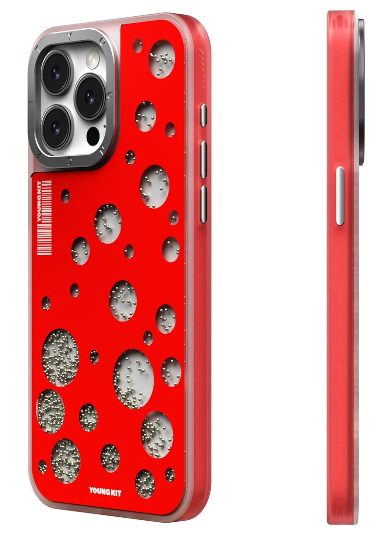 YOUNG KIT حافظة آيفون 15 برو ماكس 6.7 بوصة من سلسلة FlowBeads بتصميم نقاط البولكا - لون أحمر - Image 2