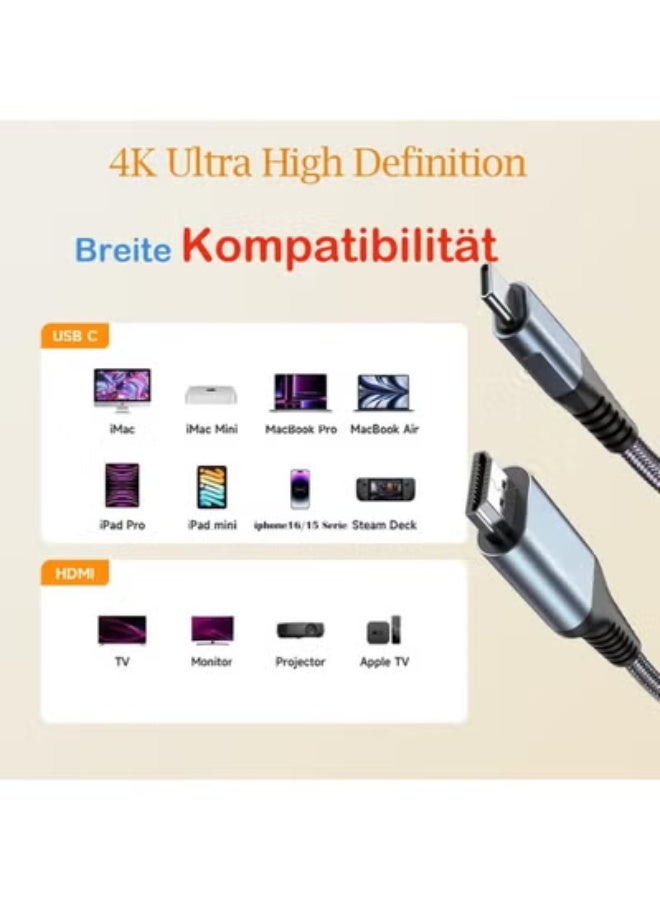 USB C to HDMI Cable 4K 1m – Thunderbolt 3/4 Compatible – For iPhone 16/15 Pro Max, Galaxy S24/S23/S22, MacBook Pro/Air, iPad, iMac, XPS - Image 2