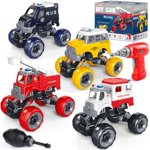 LUDILO Kids Boys Toys Age 46 57 68 4 PCS DIY Assembly Building City Bus Ambulance Police Car Toy Fire Truck with Electric Drill Stem Learning Toys Gifts for 3 4 5 6 7 8 Year Old Boys Girls Kids - Image 1