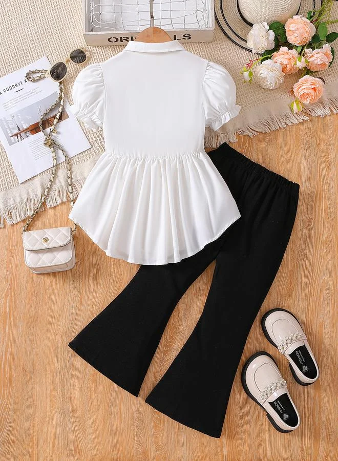 تايك تو Take Two Color Block Puff Sleeve Shirt and Flared Pants Set
