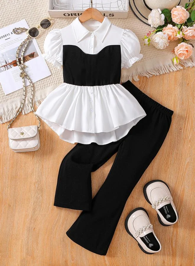 تايك تو Take Two Color Block Puff Sleeve Shirt and Flared Pants Set