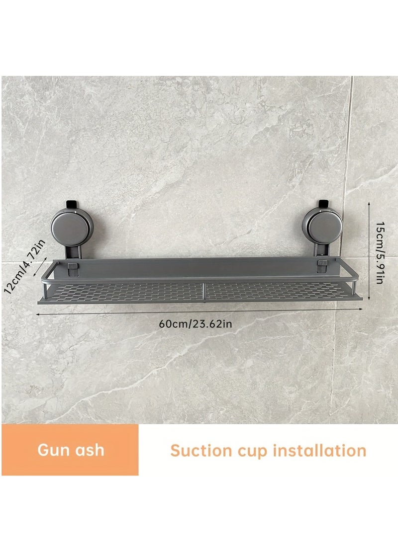 رف تخزين حائطي للحمام موفر للمساحة، تصميم بدون حفر، مكون من طبقتين مع قضيب منشفة وخطافات، مثالي لمنظم الشامبو ومنتجات العناية بالبشرة وإكسسوارات الحمام ورفوف الديكور والإكسسوارات، 60 سم أسود - Image 3