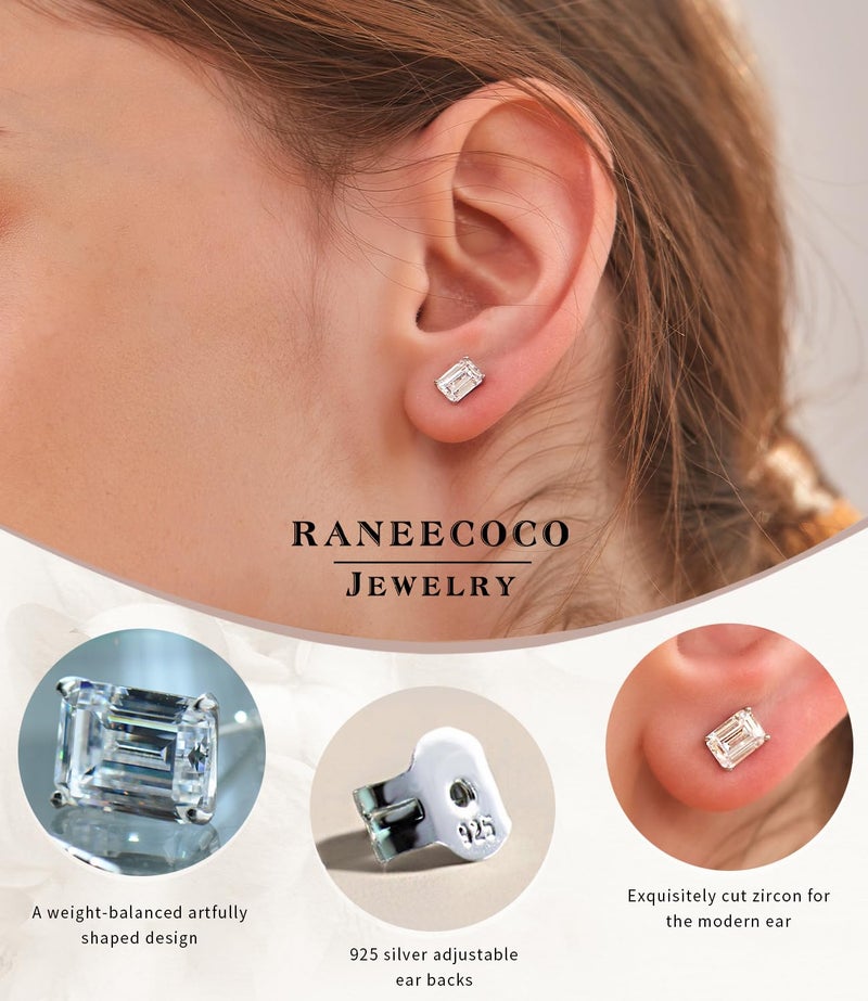 Raneecoco "STUNNING FLAME" 18K White Gold Plated 925 Sterling Silver Cubic Zirconia Emerald Cut Stud Earrings | CZ Studs for Women(Emerald,5) - Image 4
