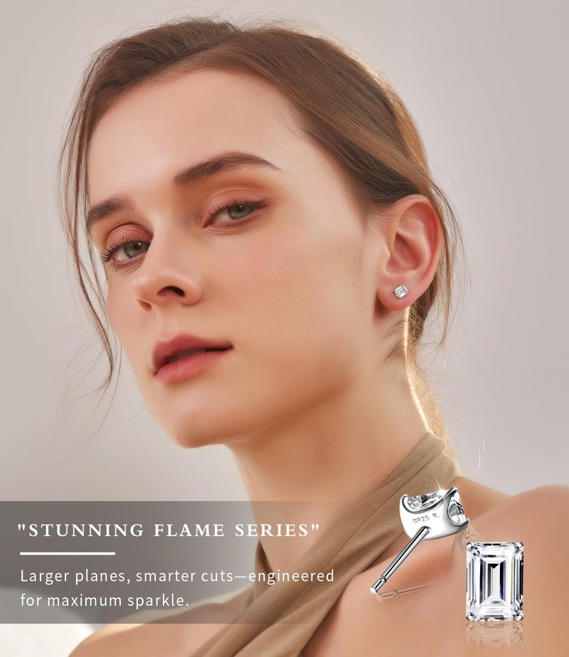 Raneecoco "STUNNING FLAME" 18K White Gold Plated 925 Sterling Silver Cubic Zirconia Emerald Cut Stud Earrings | CZ Studs for Women(Emerald,5) - Image 2