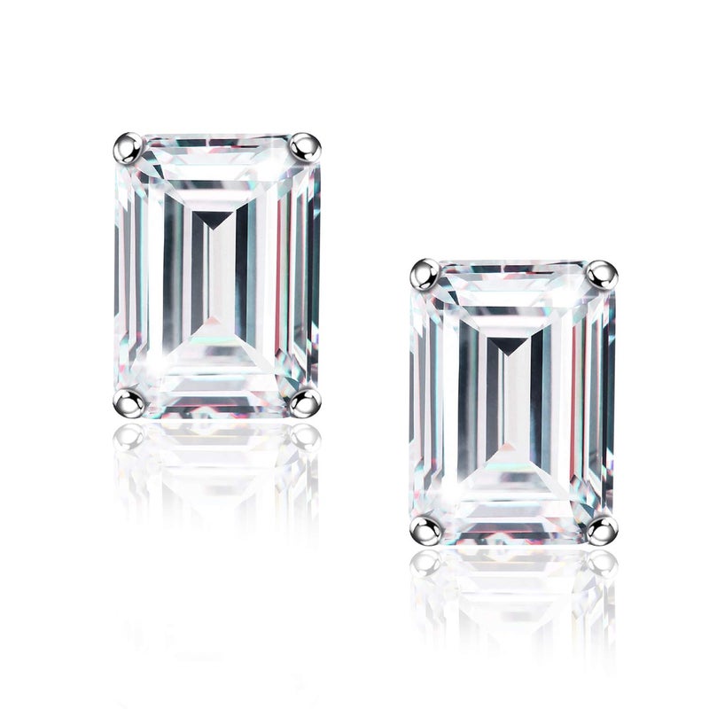 Raneecoco "STUNNING FLAME" 18K White Gold Plated 925 Sterling Silver Cubic Zirconia Emerald Cut Stud Earrings | CZ Studs for Women(Emerald,5) - Image 1