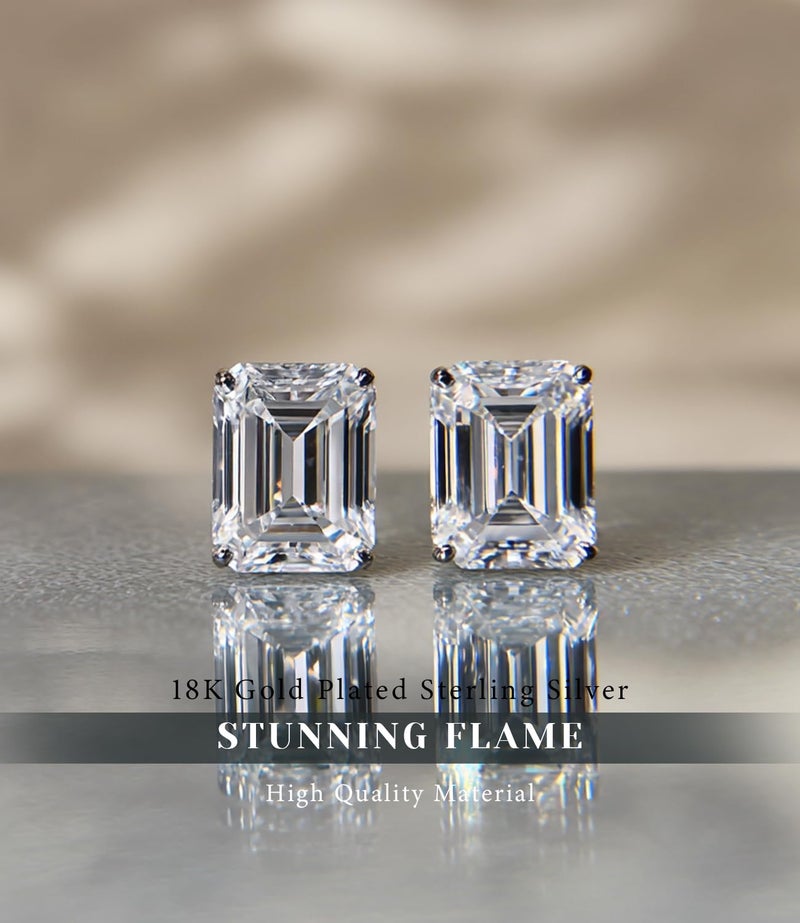 Raneecoco "STUNNING FLAME" 18K White Gold Plated 925 Sterling Silver Cubic Zirconia Emerald Cut Stud Earrings | CZ Studs for Women(Emerald,5) - Image 3
