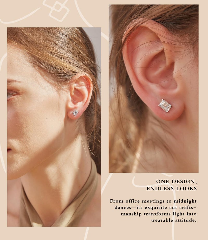 Raneecoco "STUNNING FLAME" 18K White Gold Plated 925 Sterling Silver Cubic Zirconia Emerald Cut Stud Earrings | CZ Studs for Women(Emerald,5) - Image 5