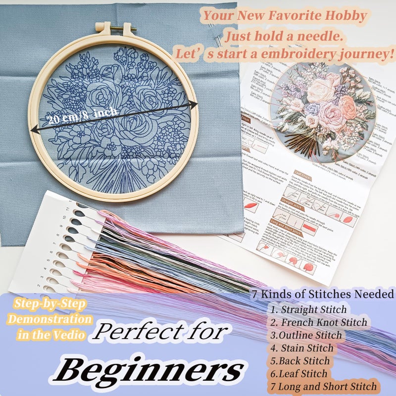 FONNUY Bouquet Flowers Embroidery Kit for Beginners, Pre-Stamped Pattern Kits for Adults with Hoop, Easy to Follow Color Thread Needlework, 8'' Hoop (Captivating Allure) - Image 5