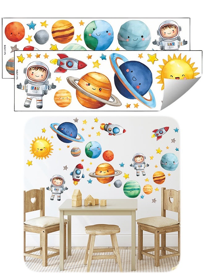 2 Sheets 29×90cm Space Theme Wall Stickers, Cartoon Astronaut Rocket Planet Decals for Boys Girls Bedroom Living Room Nursery Classroom Home Decor - Image 1