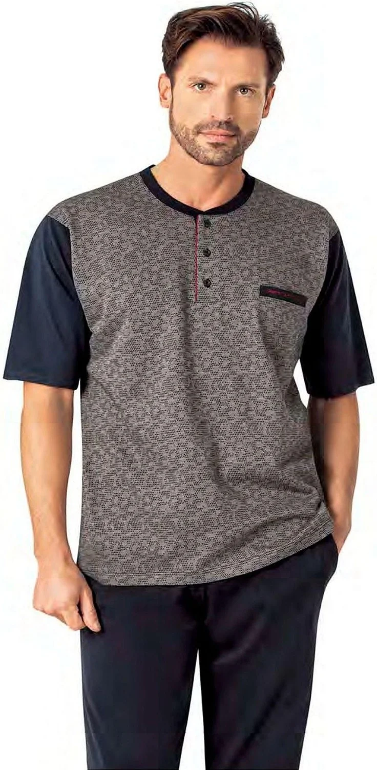 pierre cardin 6088 Men's Short Sleeve 3-Piece Jacquard Pajama Set-Navy Blue