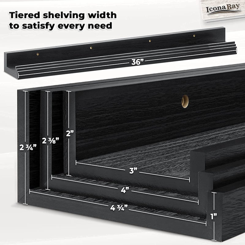ODEJIA 36 Inch Floating Shelves for Wall Set of 3 in Ebony Black Modern Rustic Style Wall Mounted Display Shelves Picture Ledges for Kitchen Living Room - Image 3