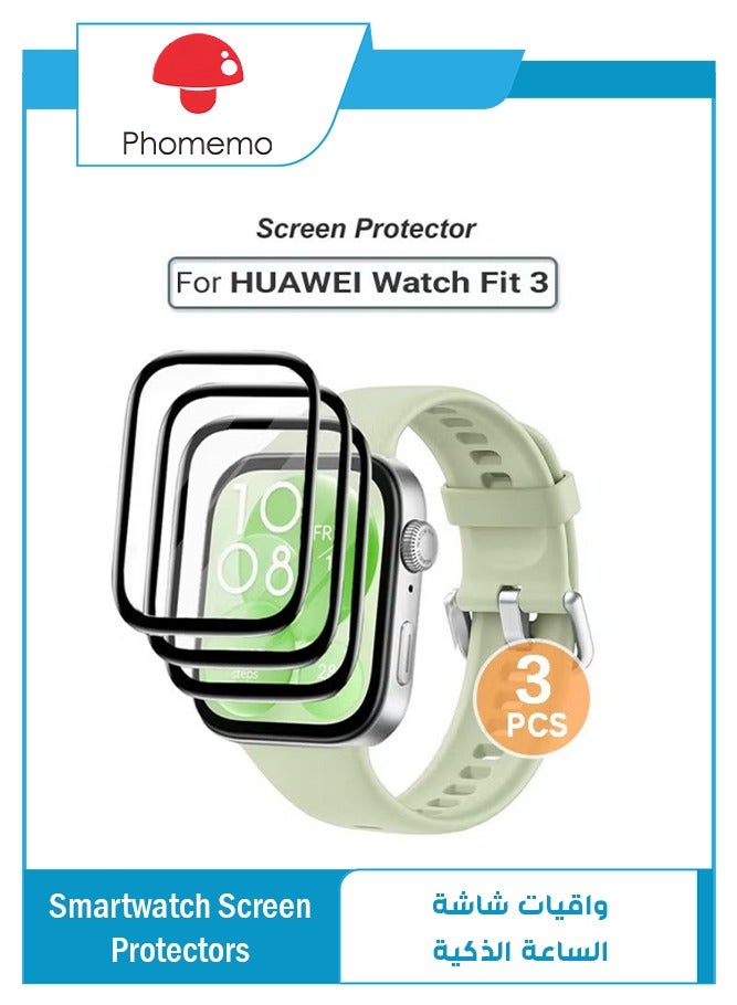 فوميمو 3 قطع واقي شاشة Huawei Watch Fit 3، واقي شاشة هواوي فيت 3، واقي شاشة شفاف عالي الدقة مقاوم للخدش ومقاوم للخدوش ومضاد للفقاعات ومقاوم للاهتراء، غطاء شاشة كامل ثلاثي الأبعاد، واقي شاشة بحافة منحنية، أسود - Image 1