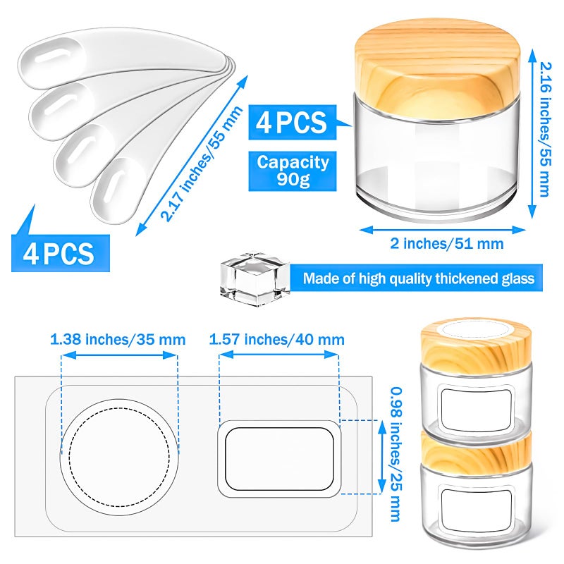 MotBach 4 Pack 2oz Glass Jars with Lids, 2ounce Small Glass Containers with Woodgrain Lids and Inner Liners, 60ml Round Clear Jars Travel Toiletries with Spatula for Makeup Cosmetic Salve Cream Lotion - Image 2