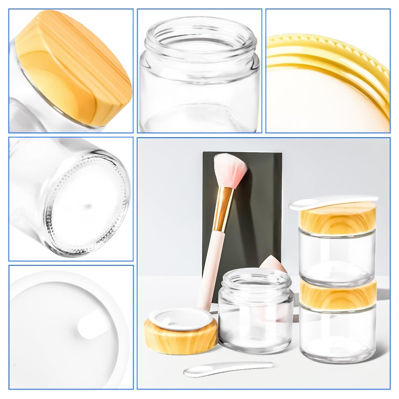 MotBach 4 Pack 2oz Glass Jars with Lids, 2ounce Small Glass Containers with Woodgrain Lids and Inner Liners, 60ml Round Clear Jars Travel Toiletries with Spatula for Makeup Cosmetic Salve Cream Lotion - Image 3