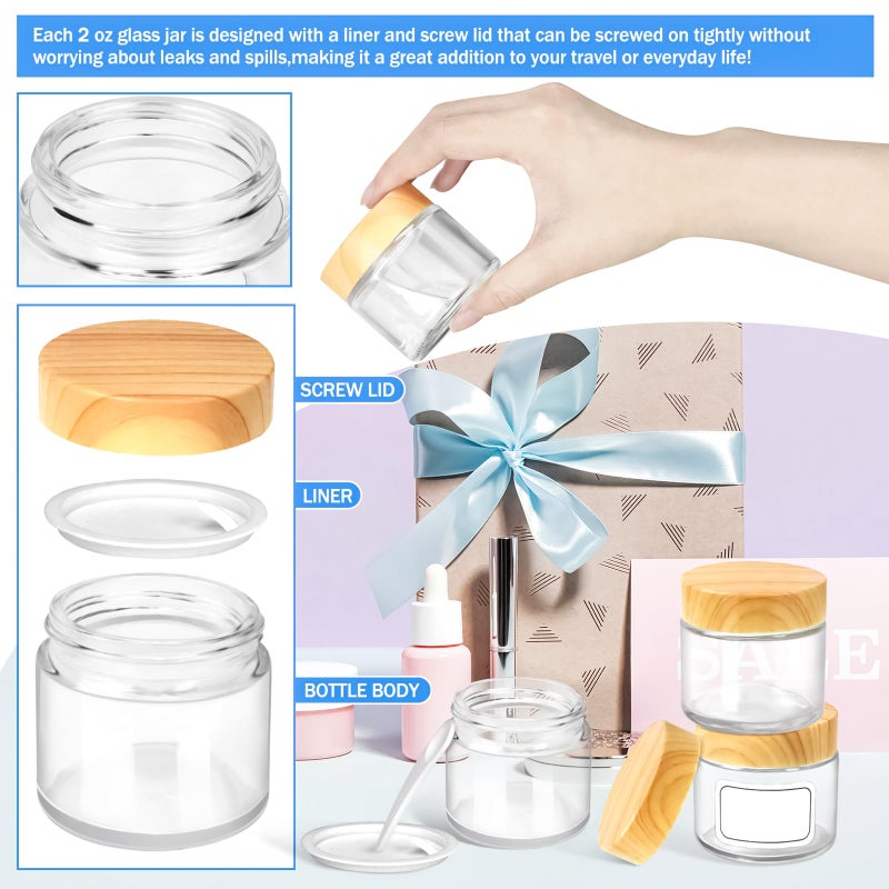 MotBach 4 Pack 2oz Glass Jars with Lids, 2ounce Small Glass Containers with Woodgrain Lids and Inner Liners, 60ml Round Clear Jars Travel Toiletries with Spatula for Makeup Cosmetic Salve Cream Lotion - Image 4