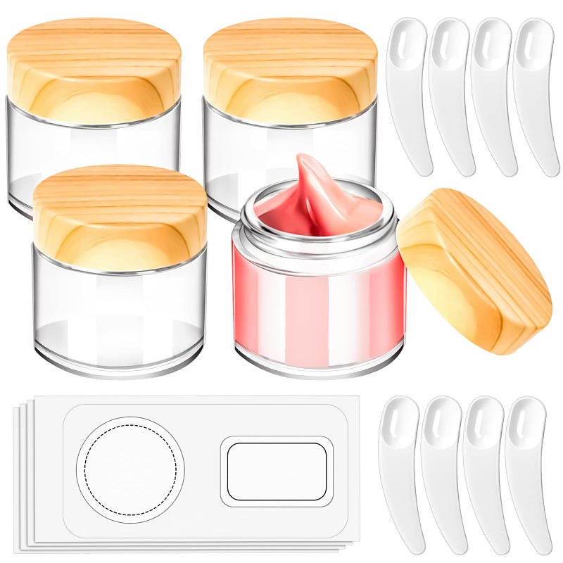MotBach 4 Pack 2oz Glass Jars with Lids, 2ounce Small Glass Containers with Woodgrain Lids and Inner Liners, 60ml Round Clear Jars Travel Toiletries with Spatula for Makeup Cosmetic Salve Cream Lotion - Image 1