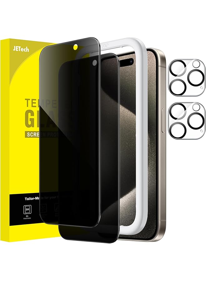 Jetech Privacy Screen Protector For Iphone 15 Pro Max 6.7 Inch With Camera Lens Protector Anti Spy Tempered Glass Film Easy Installation Tool 2 Pack Each - Image 1